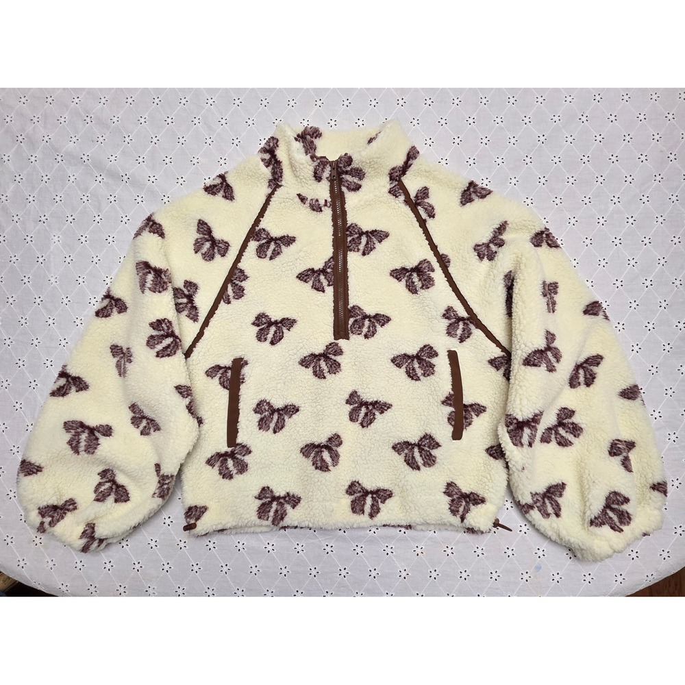 New In Women Medium Bow Print Quarter Zip Fleece Sherpa Pullover Cream brown - Picture 2 of 3